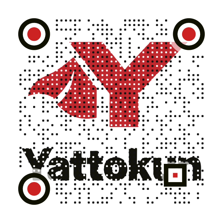 やっとくんのYとYattokunのロゴをQR全体に敷き、その上に黒と白の点を打ったQR。3つの角は黒い輪に赤い中心
