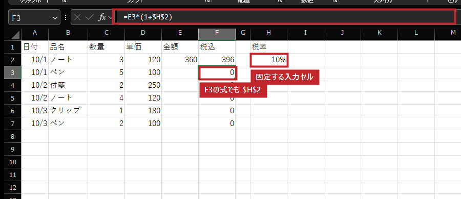 =E3*(1+$H$2)。コピー先でもH2を参照します。