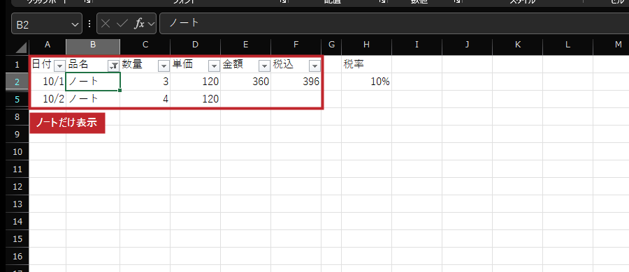 品名がノートの2件だけ表示します。ほかの行は削除されません。