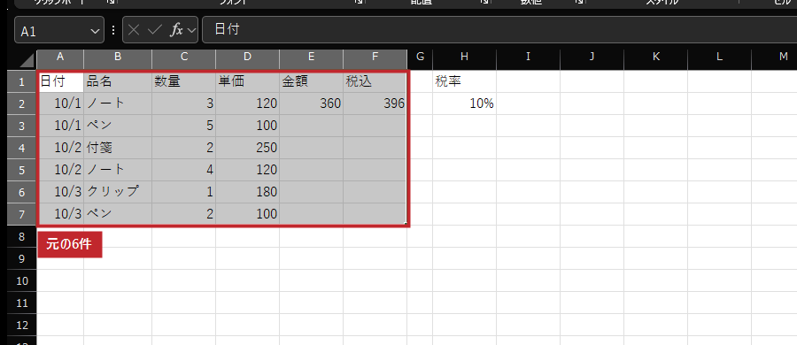 データ全体を含めて並べ替えます。