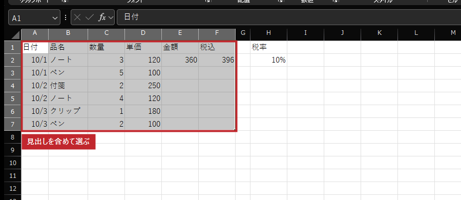 日付から税込までを選びます。