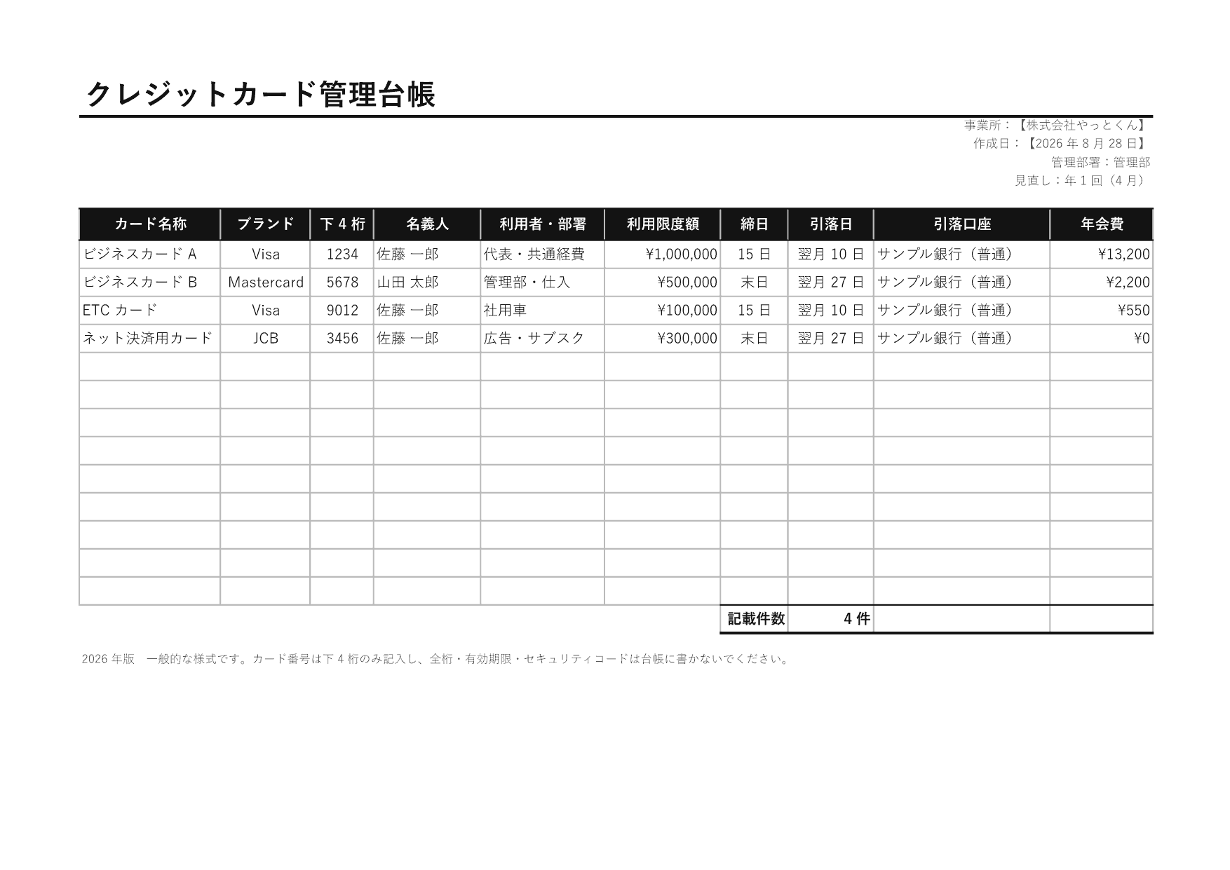 クレジットカード管理台帳の 1 ページ目