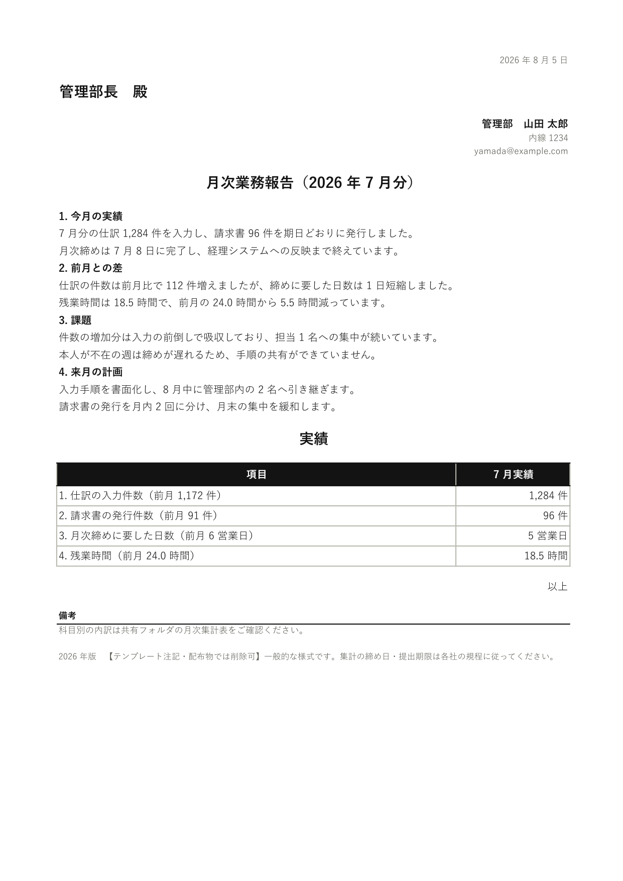 月報の 1 ページ目