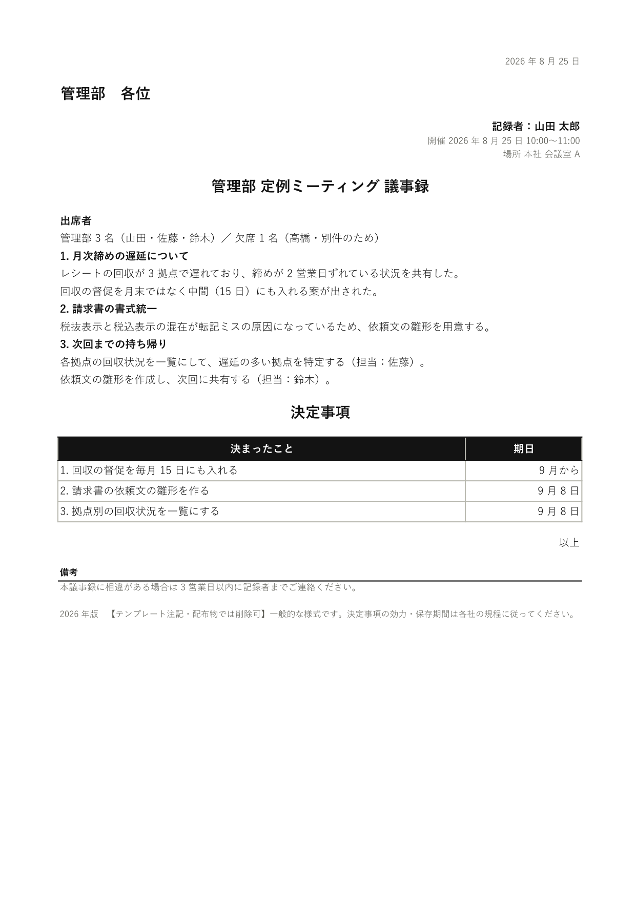 議事録の 1 ページ目
