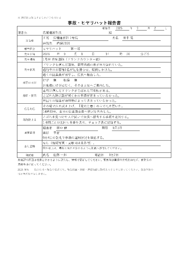 事故・ヒヤリハット報告書の1ページ目