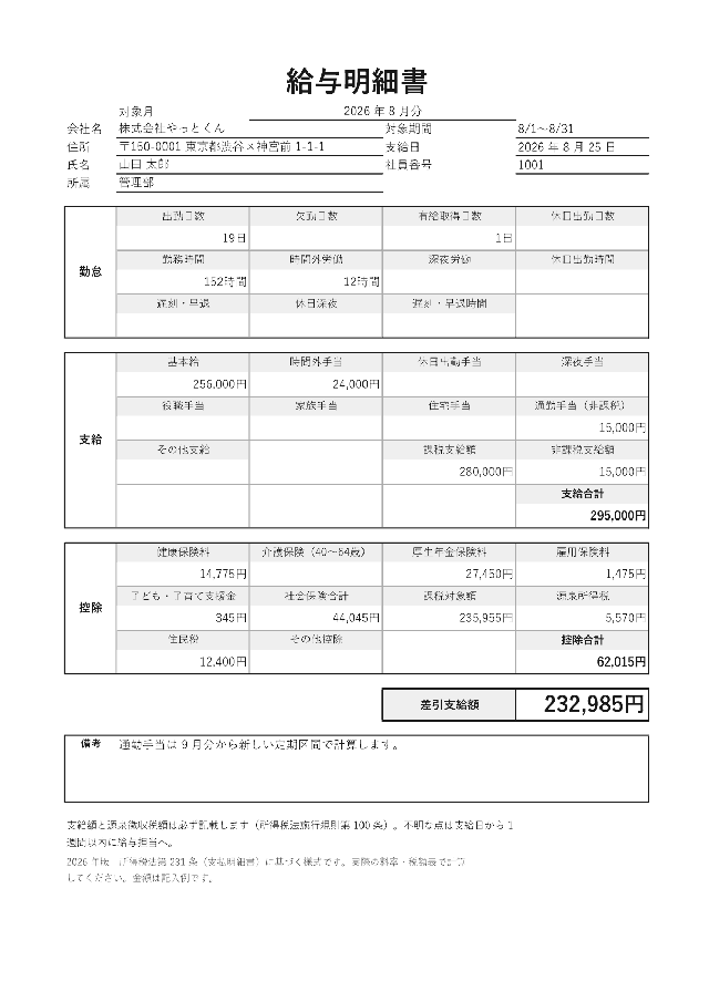 給与明細書の1ページ目