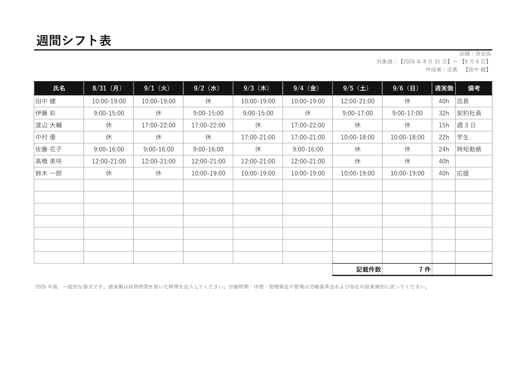 シフト表の 1 ページ目