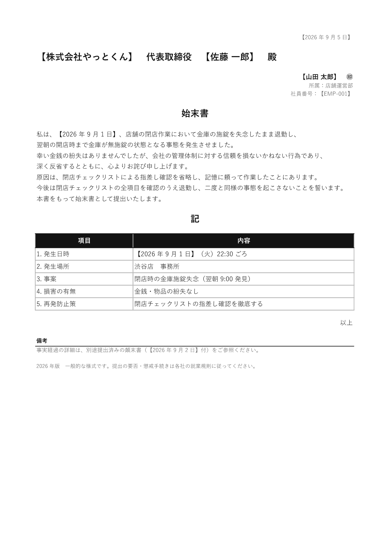 始末書の 1 ページ目