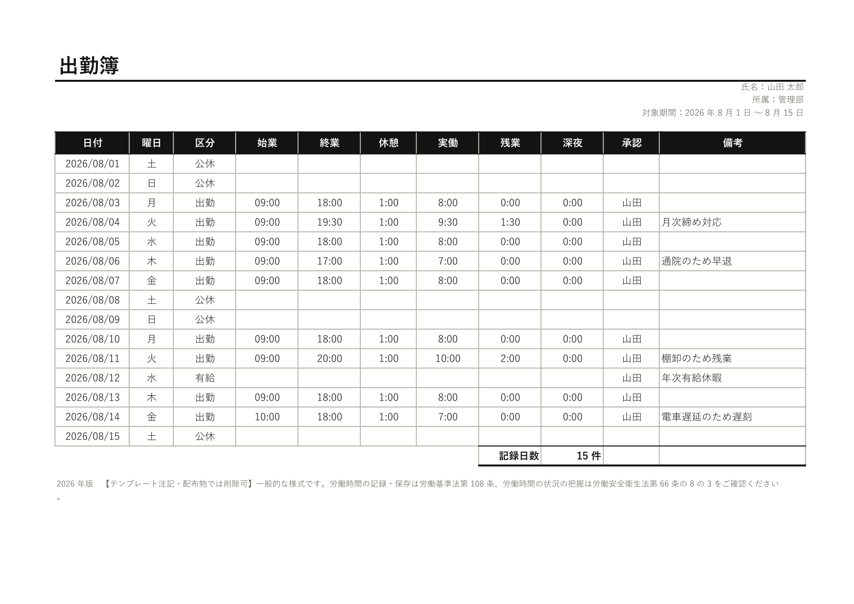 出勤簿の 1 ページ目