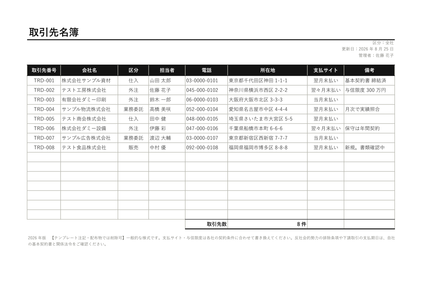 取引先名簿の 1 ページ目